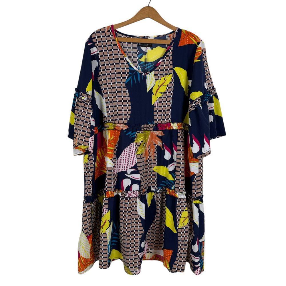 Womens Floral Tiered Dress XL Boho Beach Tropical Hippie Bright Vacation Travel